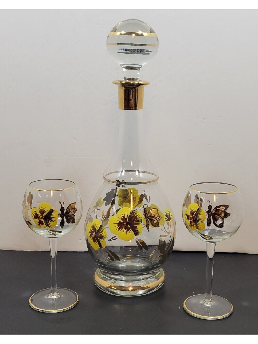 Vintage Romanian Hand Painted Crystal Golden Butterfly Decanter & 2 Stem Glasses